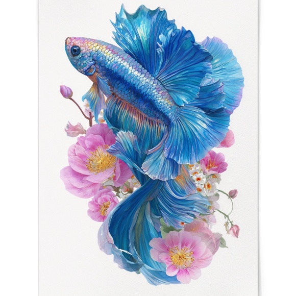 Watercolor Betta Fish with Flowers Wall Art Print Unframed - Enchanting Aquatic - Picture 2 of 6